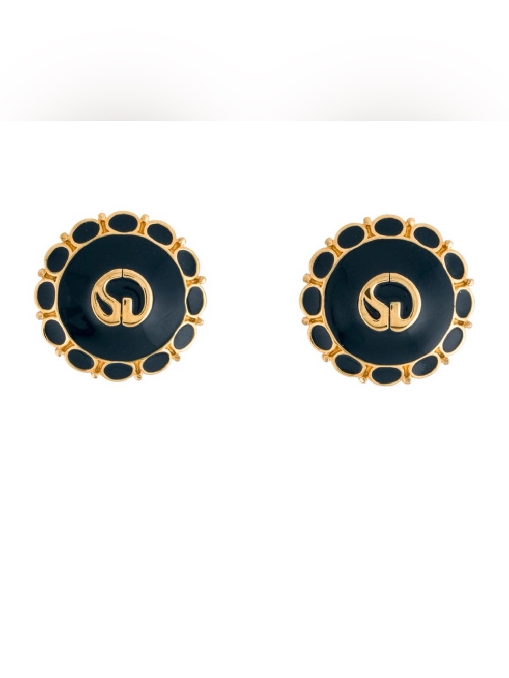 St. John Gold-Tone and Black Logo Button Stud Earrings